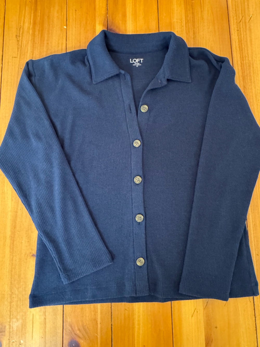 NWT LOFT Super Soft Navy Collared Ribbed Button Cardigan
